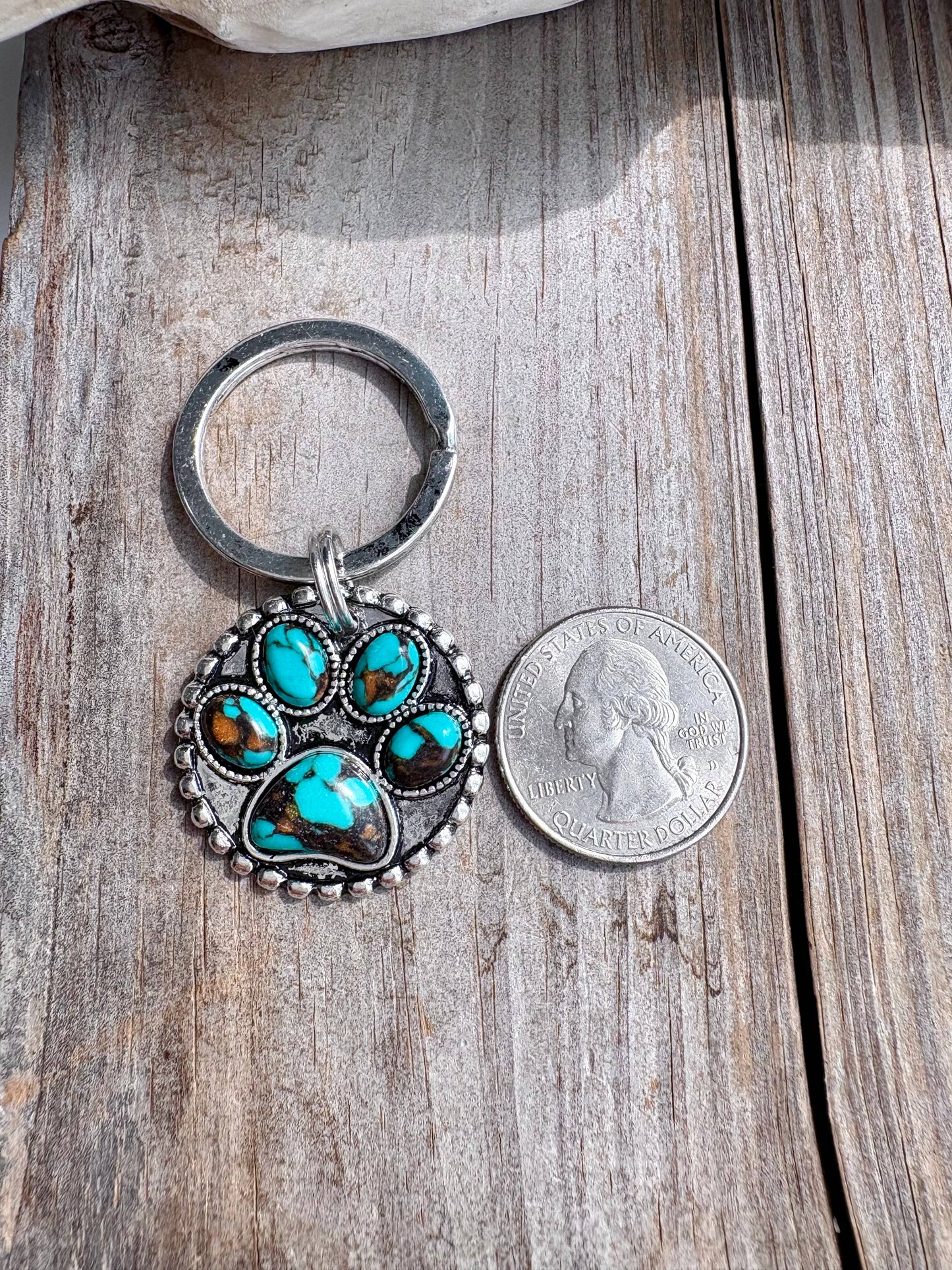 Dog Paw Stone Round Metal Pendant Keychain: Turquoise