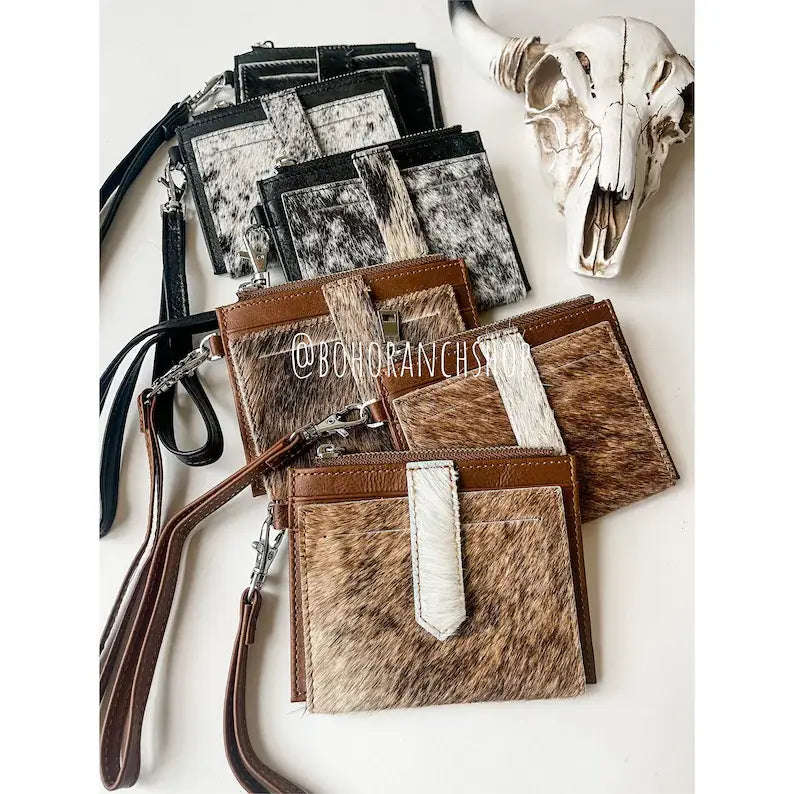 Western Cowhide Leather Wristlet Wallet Money Coins: 8 - BALCK + WHITE FLAP