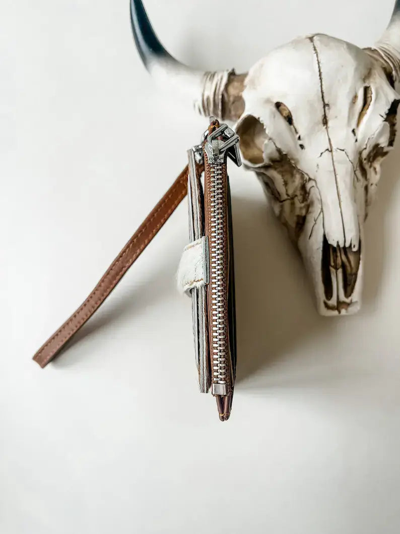 Western Cowhide Leather Wristlet Wallet Money Coins: 8 - BALCK + WHITE FLAP