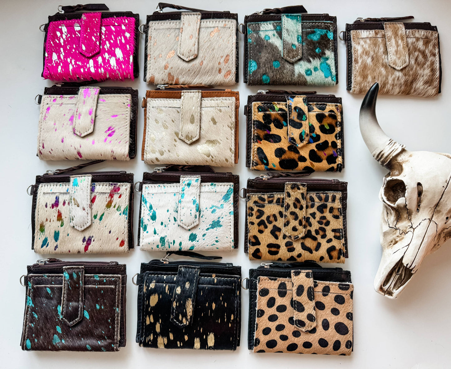 Western Cowhide Leather Wristlet Wallet Money Coins: 8 - BALCK + WHITE FLAP