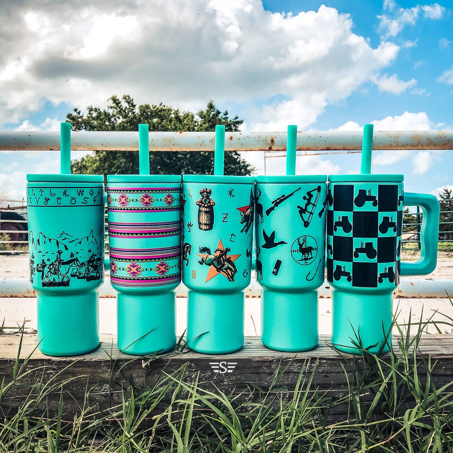 Kids 24oz Western Tumbler: Turquoise Retro Rodeo w/ Turquoise Print