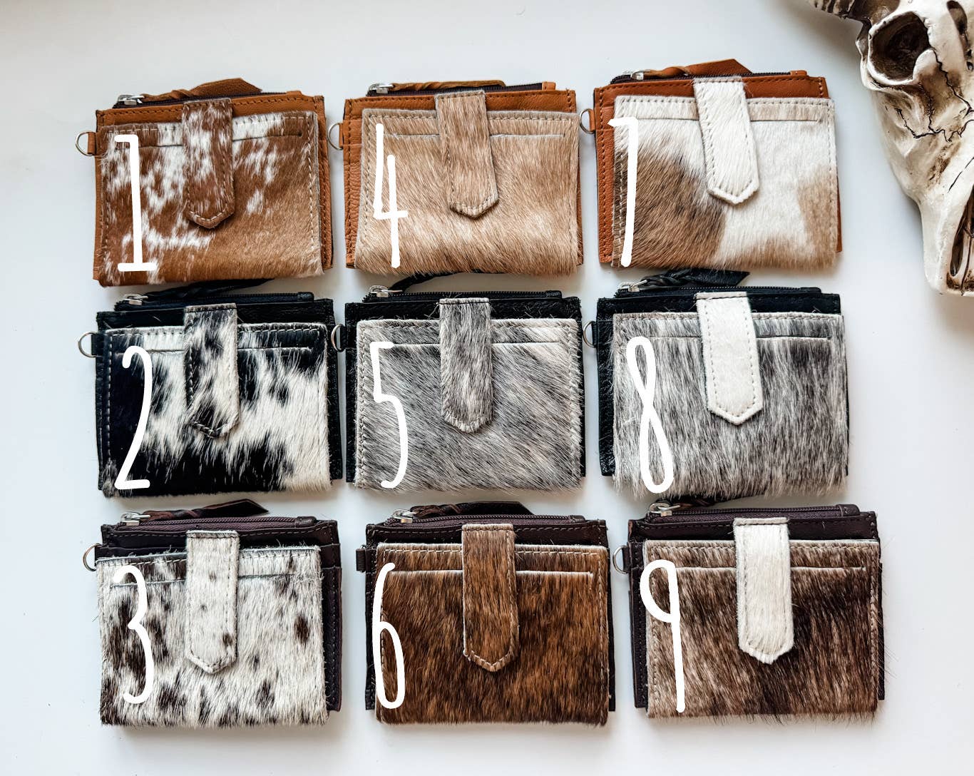 Western Cowhide Leather Wristlet Wallet Money Coins: 8 - BALCK + WHITE FLAP