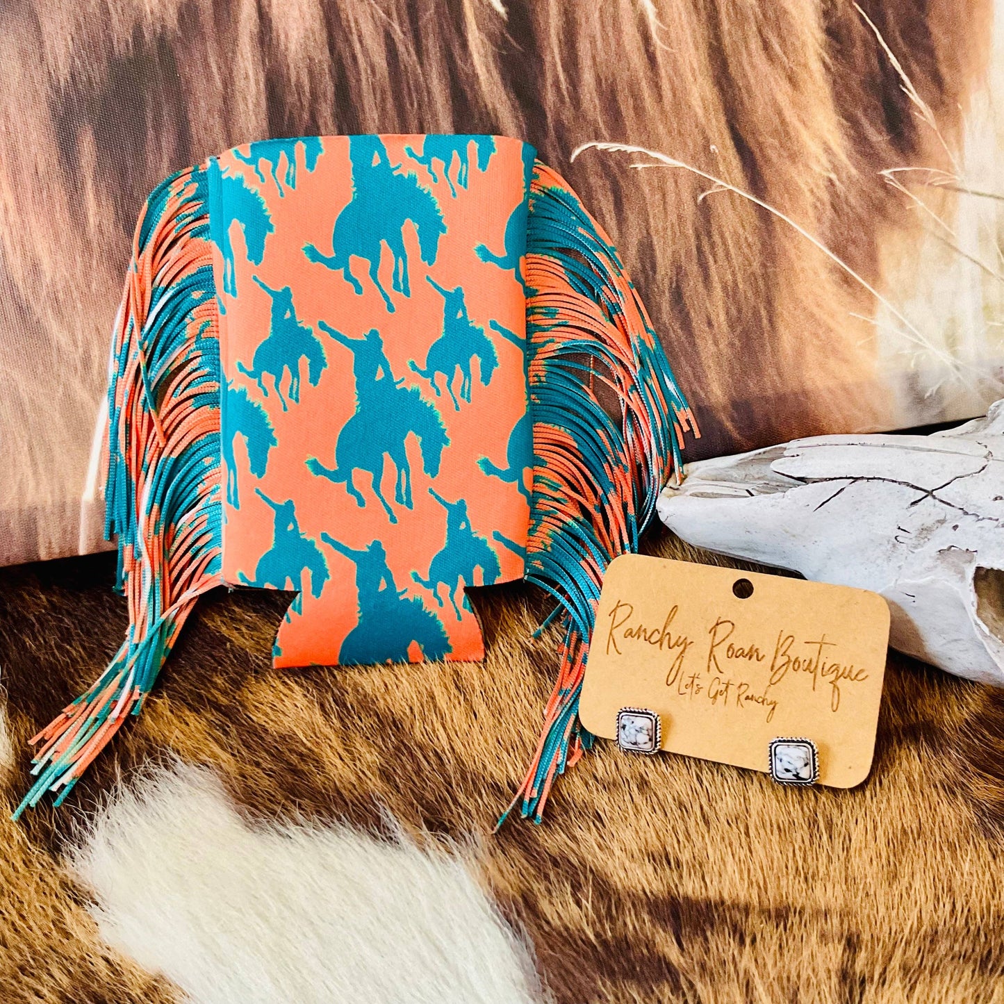 Teal & Orange Fringe Bronco Koozie | Western Rodeo Can Holder