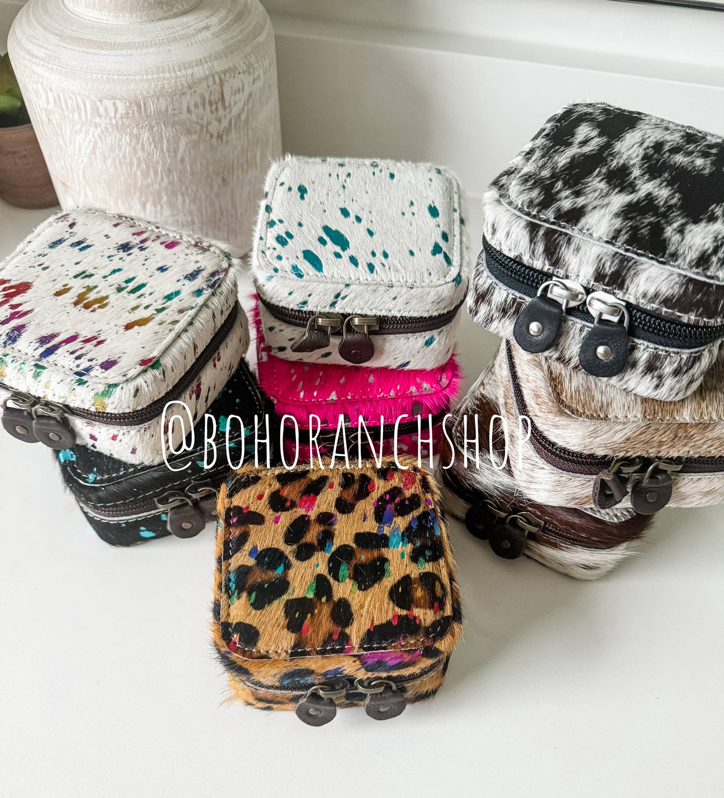 MINI COWHIDE JEWELRY BOX Western - travel storage gifts: BLACK + WHITE COWHIDE