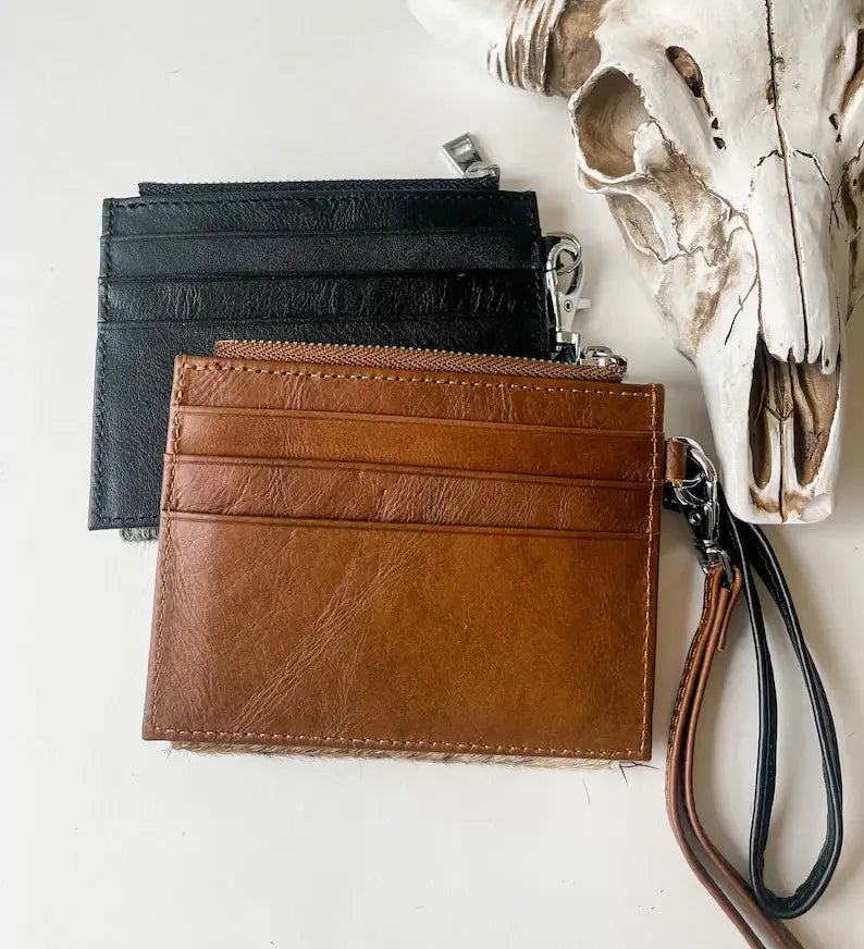 Western Cowhide Leather Wristlet Wallet Money Coins: 8 - BALCK + WHITE FLAP