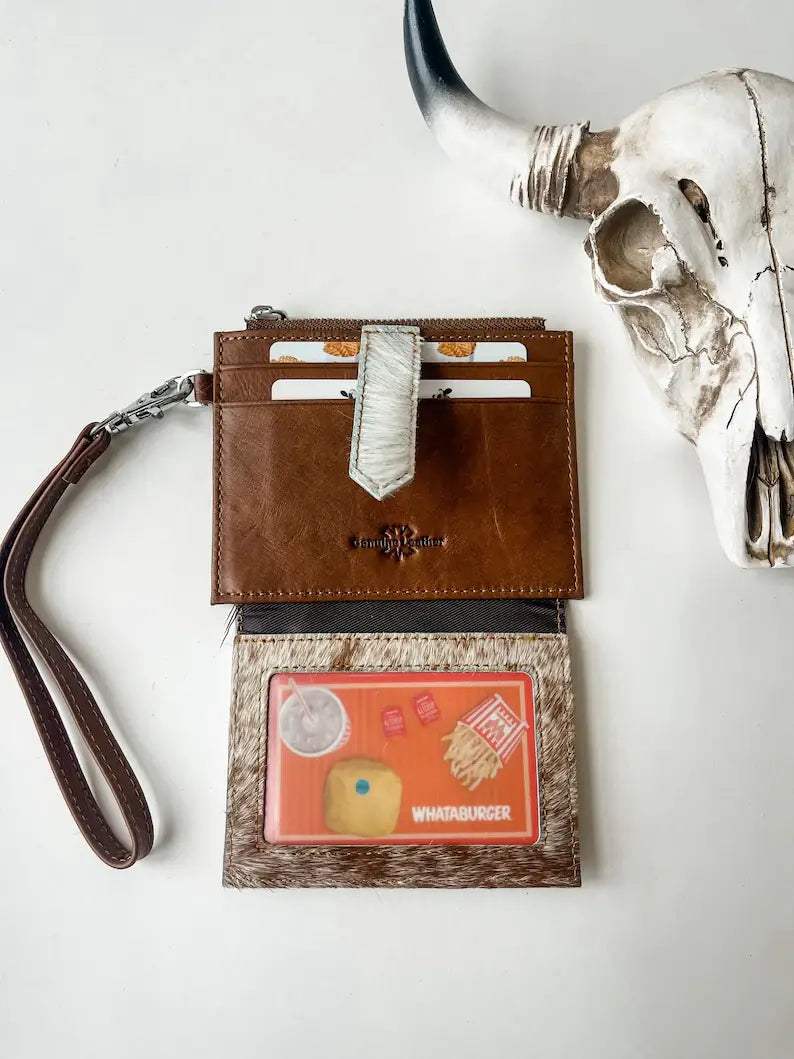 Western Cowhide Leather Wristlet Wallet Money Coins: 8 - BALCK + WHITE FLAP