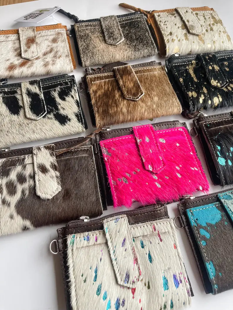 Western Cowhide Leather Wristlet Wallet Money Coins: 8 - BALCK + WHITE FLAP