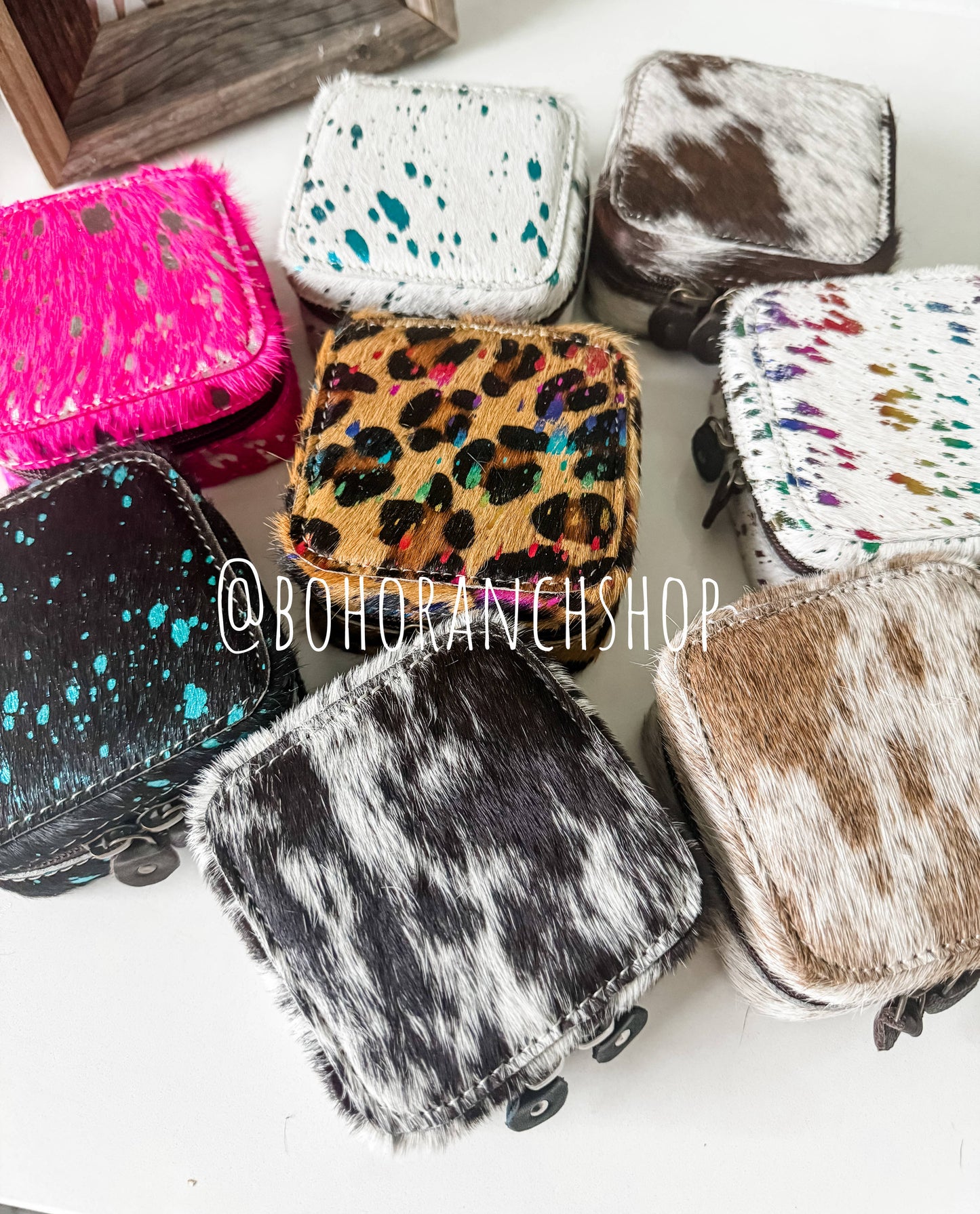 MINI COWHIDE JEWELRY BOX Western - travel storage gifts: BLACK + WHITE COWHIDE