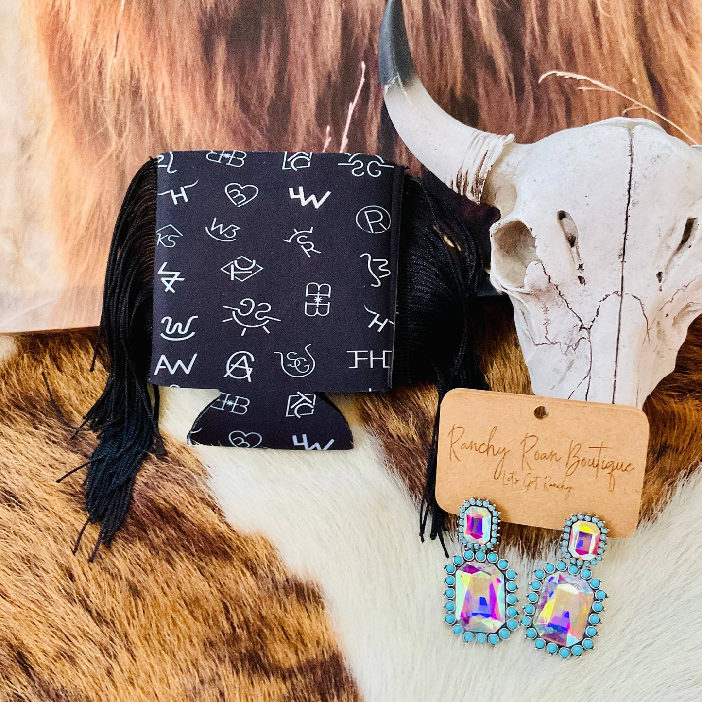 Black Ranch Brand Fringe Western Koozie | Wholesale Cowgirl Drink Sleeve