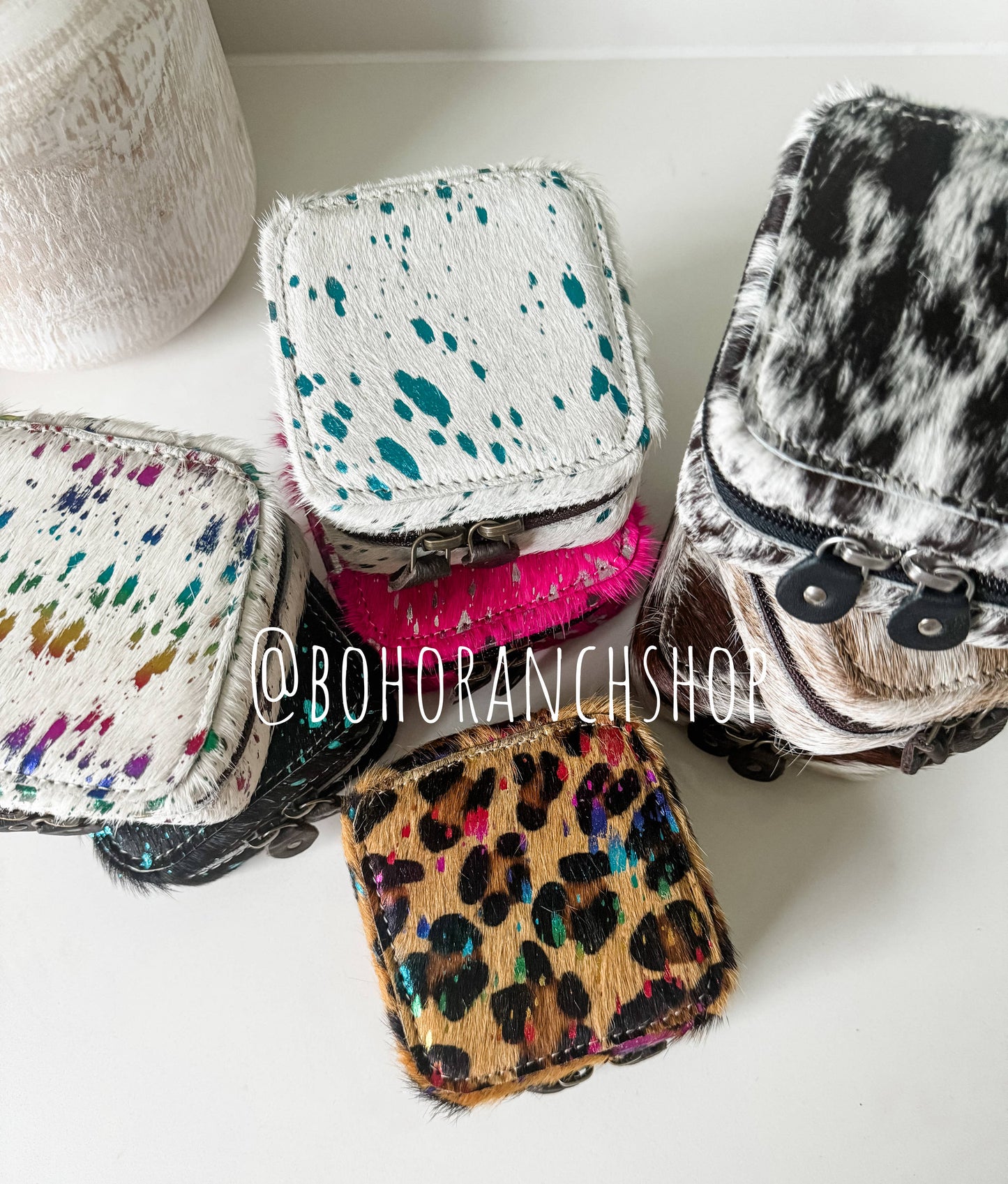 MINI COWHIDE JEWELRY BOX Western - travel storage gifts: BLACK + WHITE COWHIDE