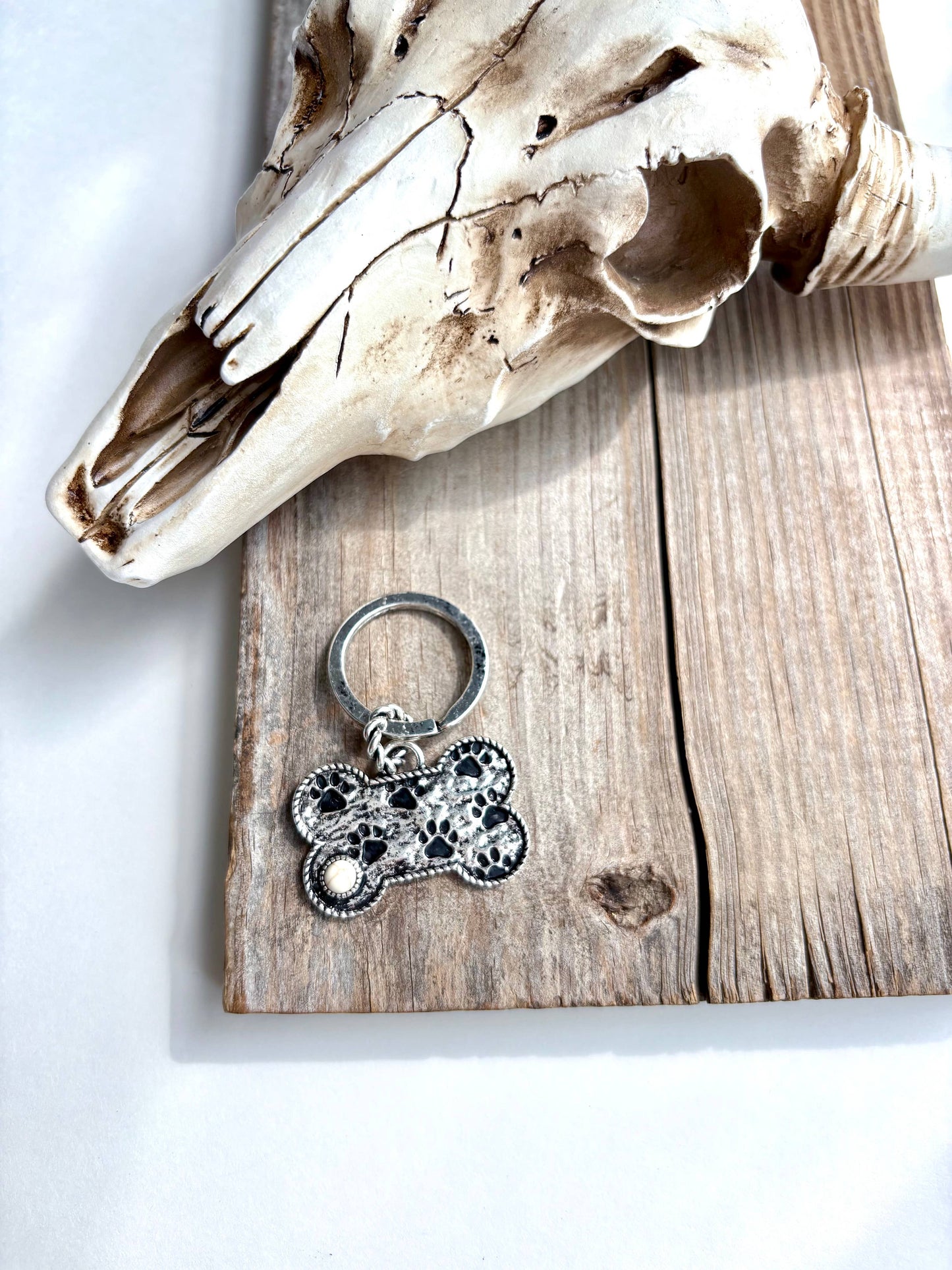 Paw Printed Dog Bone Metal Pendant Keychain : Turquoise