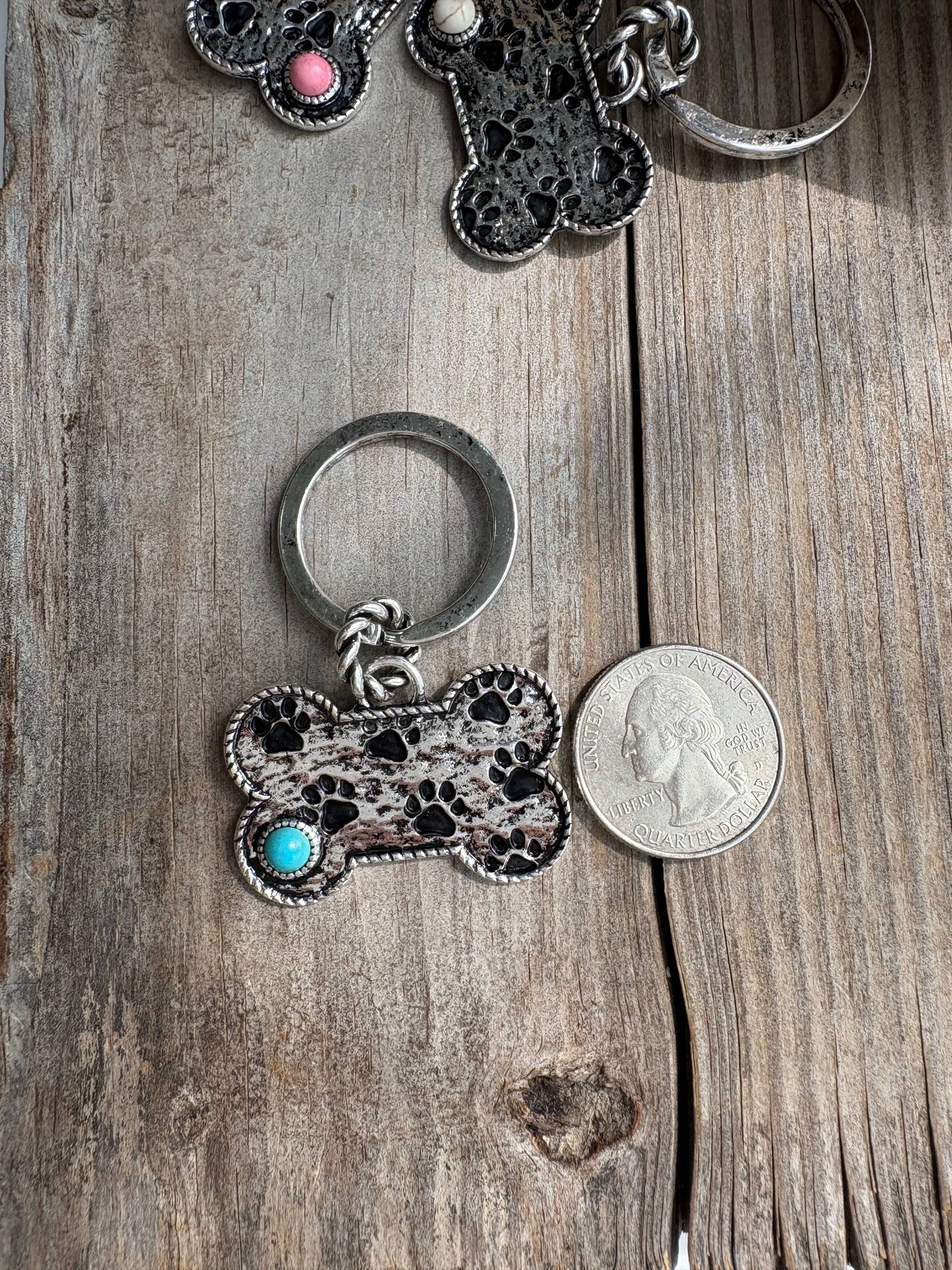 Paw Printed Dog Bone Metal Pendant Keychain : Pink
