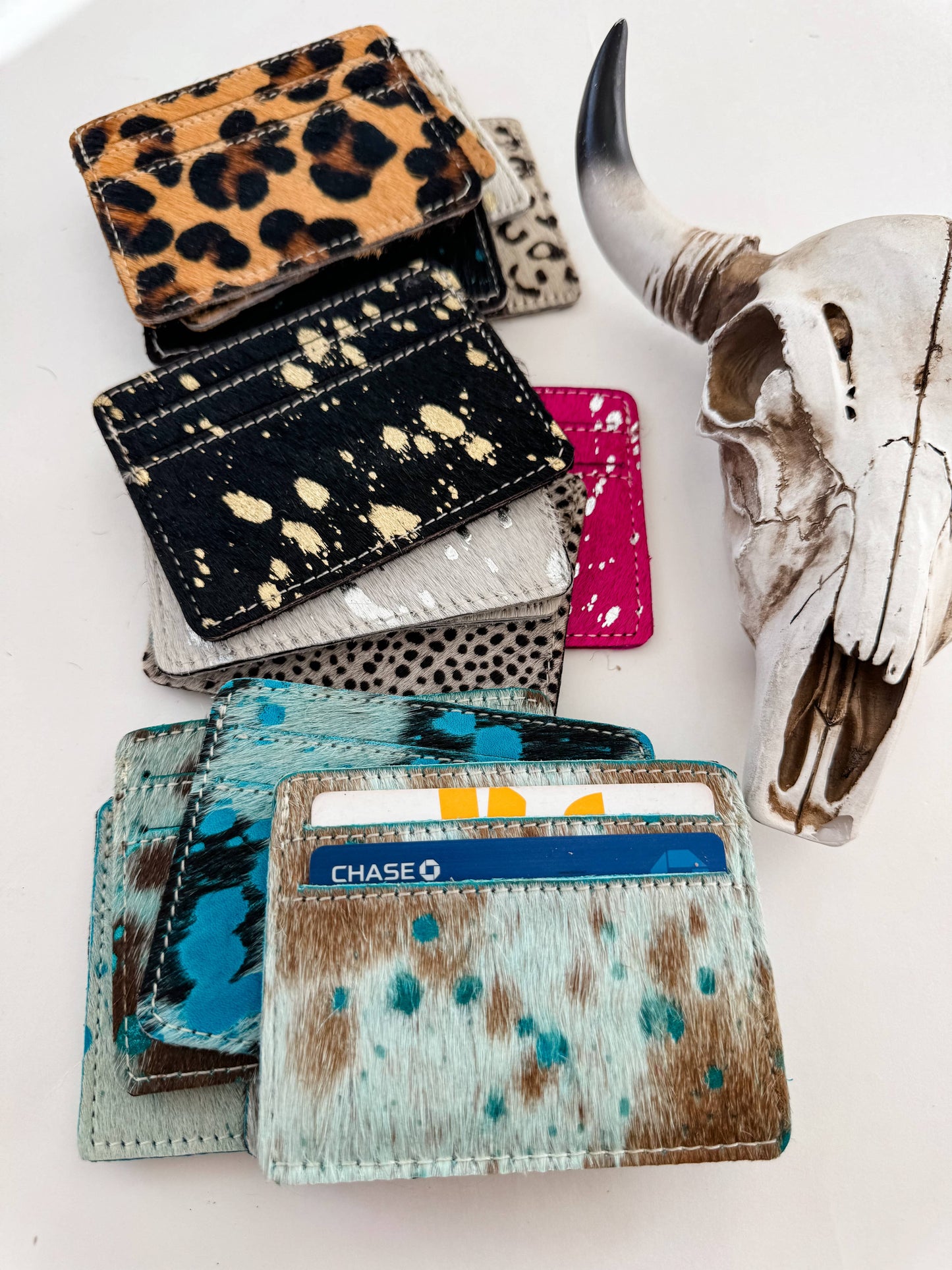 Western Cowhide Credit Card Holder - Money holder: LEOPARD + RAINBOW SPECS
