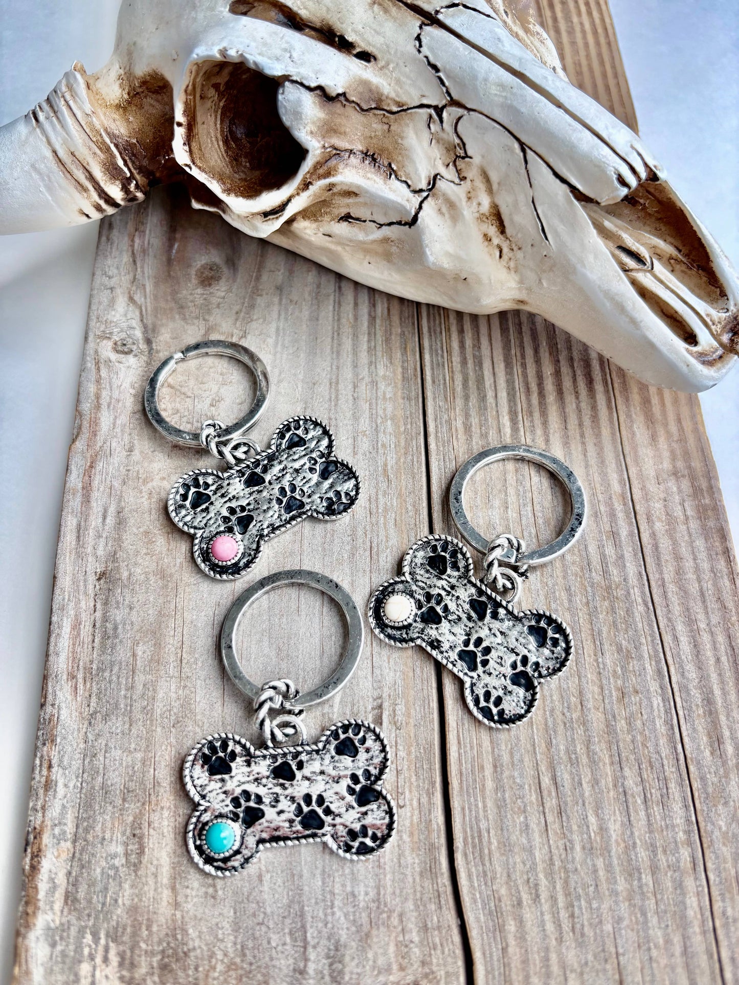 Paw Printed Dog Bone Metal Pendant Keychain : Turquoise