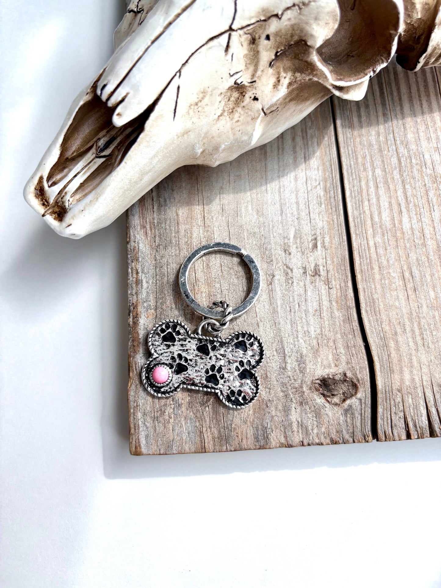 Paw Printed Dog Bone Metal Pendant Keychain : Turquoise