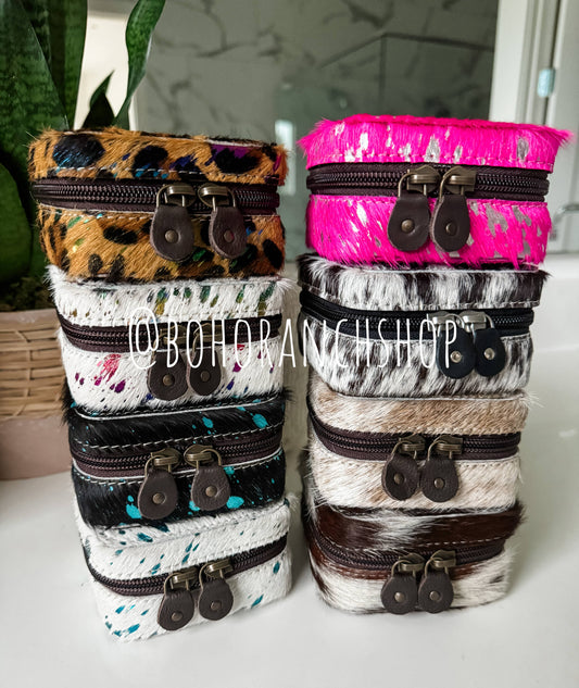 MINI COWHIDE JEWELRY BOX Western - travel storage gifts: BLACK + WHITE COWHIDE