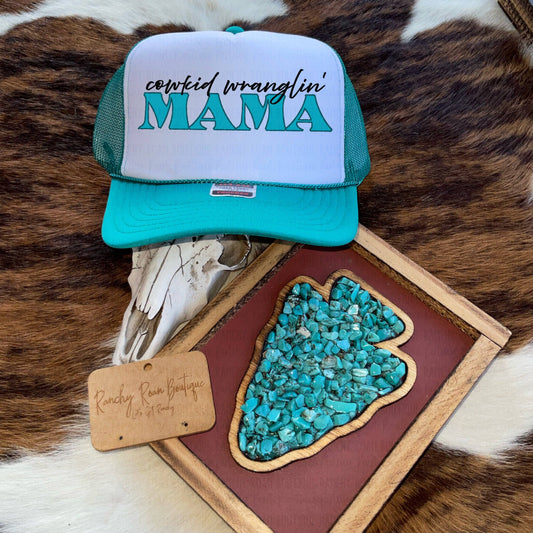 Cowkid Wranglin Mama Western Foam Front Trucker Hat: Turquoise/White