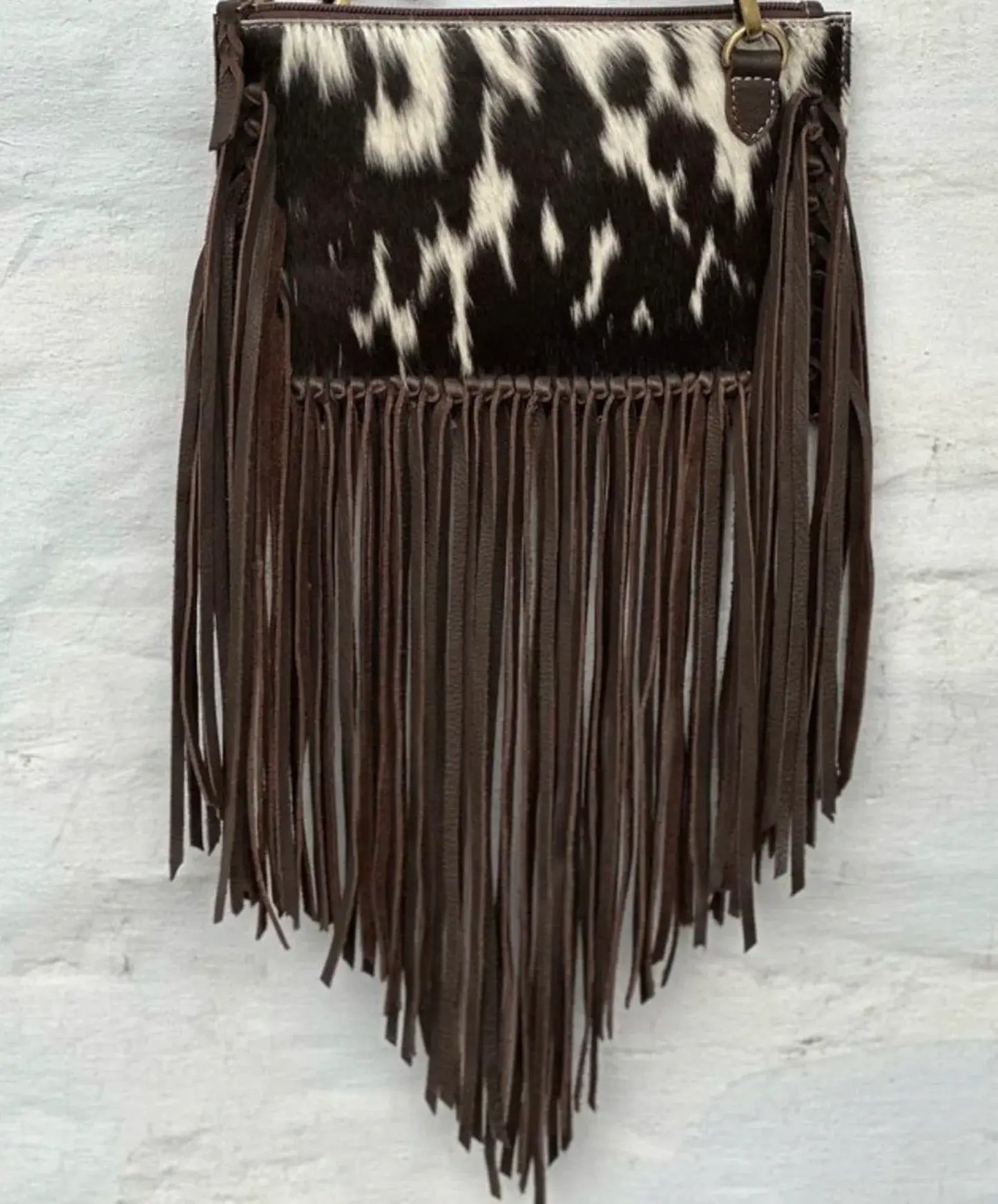 THE JESSE CROSSBODY cowhide fringe tassel purse bag: BROWN LEATHER