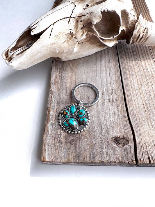 Dog Paw Stone Round Metal Pendant Keychain: Turquoise