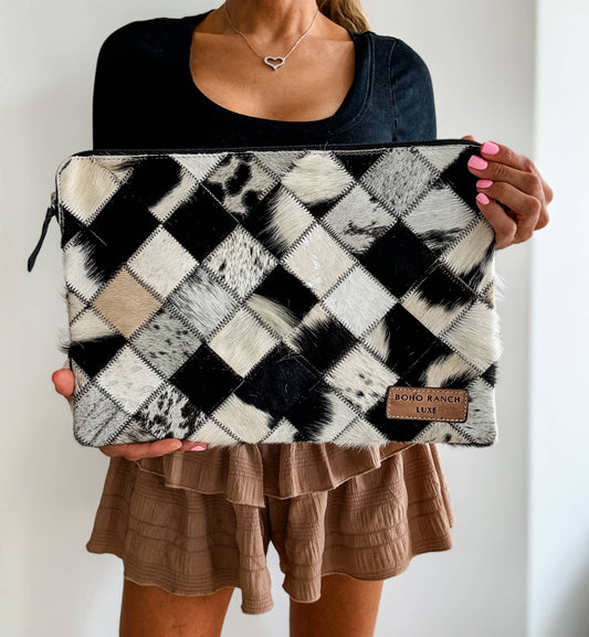 BOHO LUXE LAPTOP tech sleeve computer bag hairon cowhide: 15” BLACK + WHITE