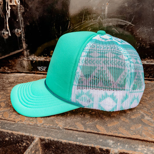 Aztec Mesh Back Foam Trucker Cap: Turquoise