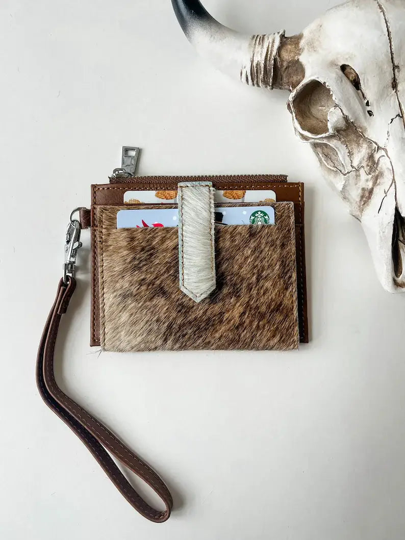 Western Cowhide Leather Wristlet Wallet Money Coins: 8 - BALCK + WHITE FLAP