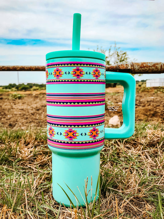 Kids 24oz Western Tumbler: Turquoise Montezuma Aztec