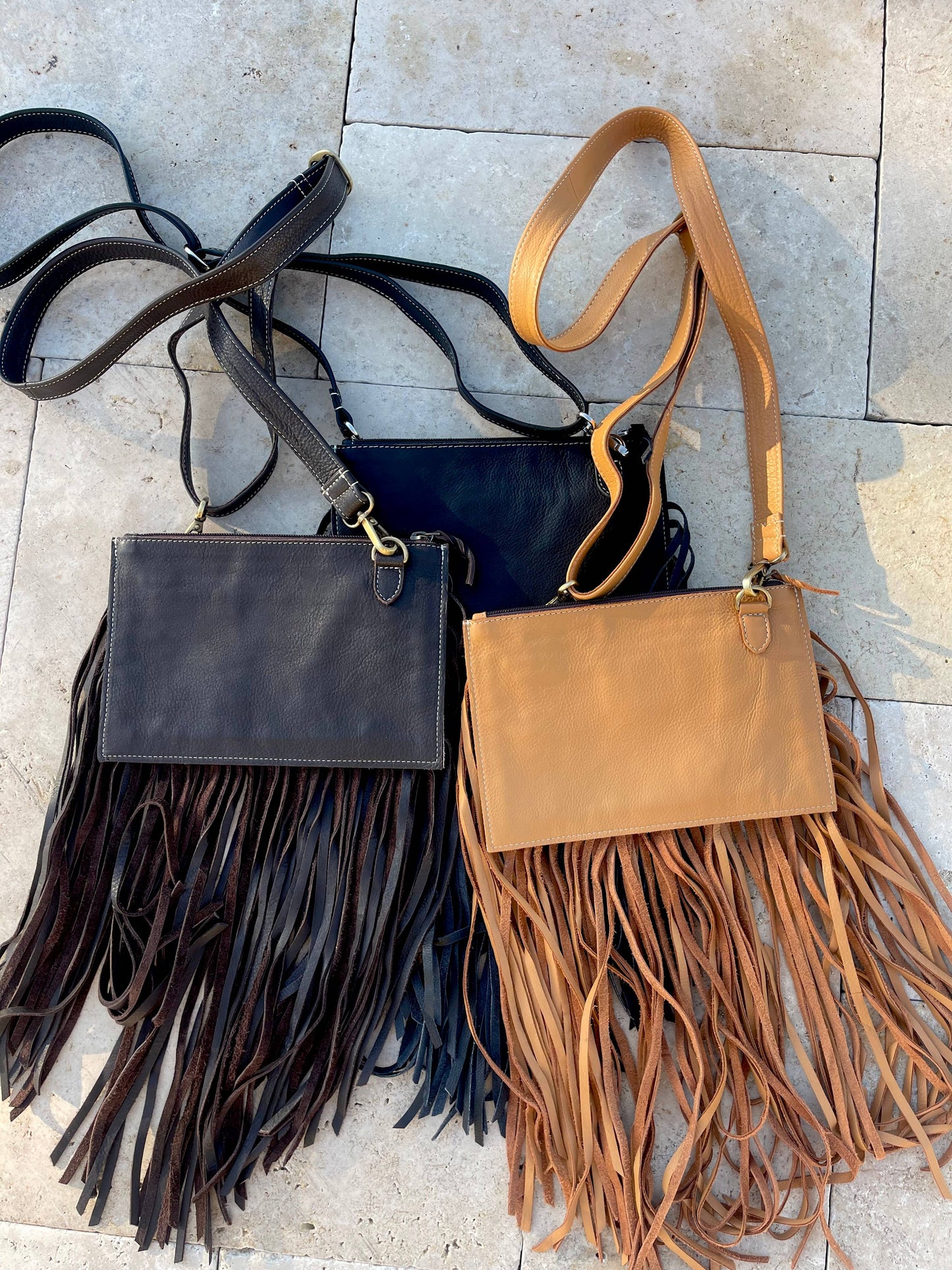 THE JESSE CROSSBODY cowhide fringe tassel purse bag: BROWN LEATHER