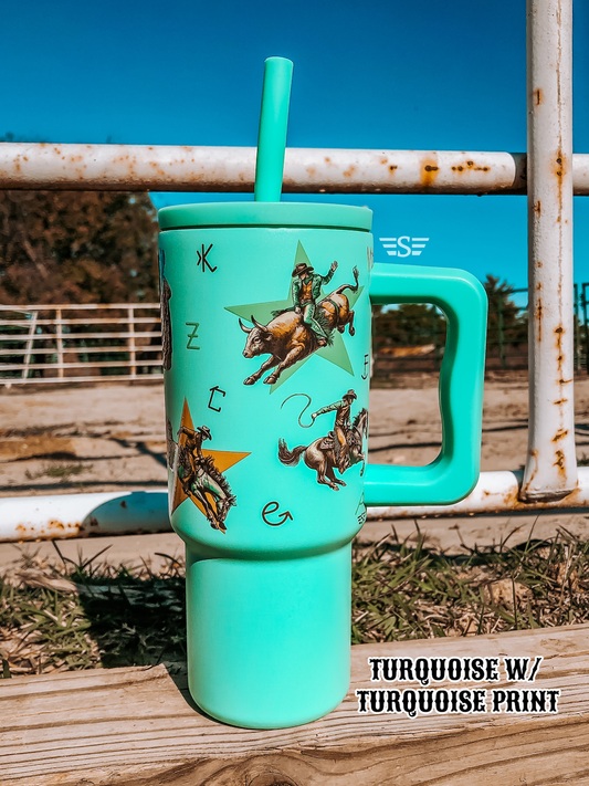 Kids 24oz Western Tumbler: Turquoise Retro Rodeo w/ Turquoise Print