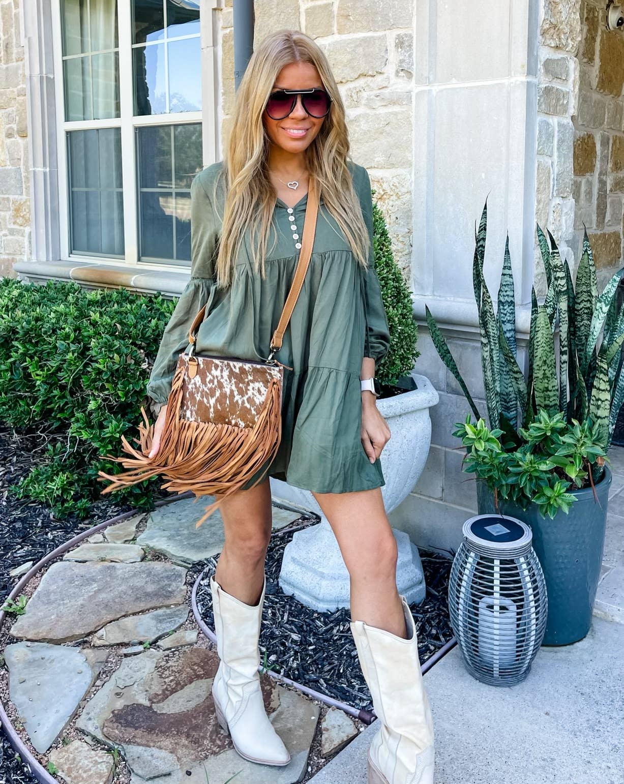 THE JESSE CROSSBODY cowhide fringe tassel purse bag: BROWN LEATHER