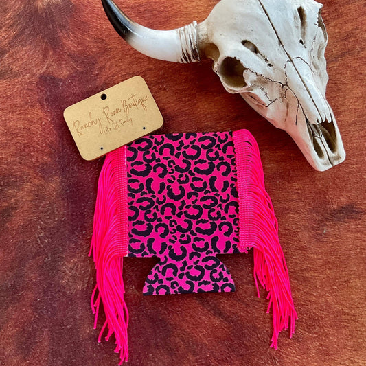 Leopard Print Pink  Ombré Fringe Koozie