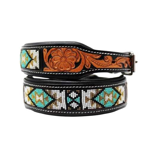 Western Tooled Leather Beaded Dog Collar Saddle Leather: Large