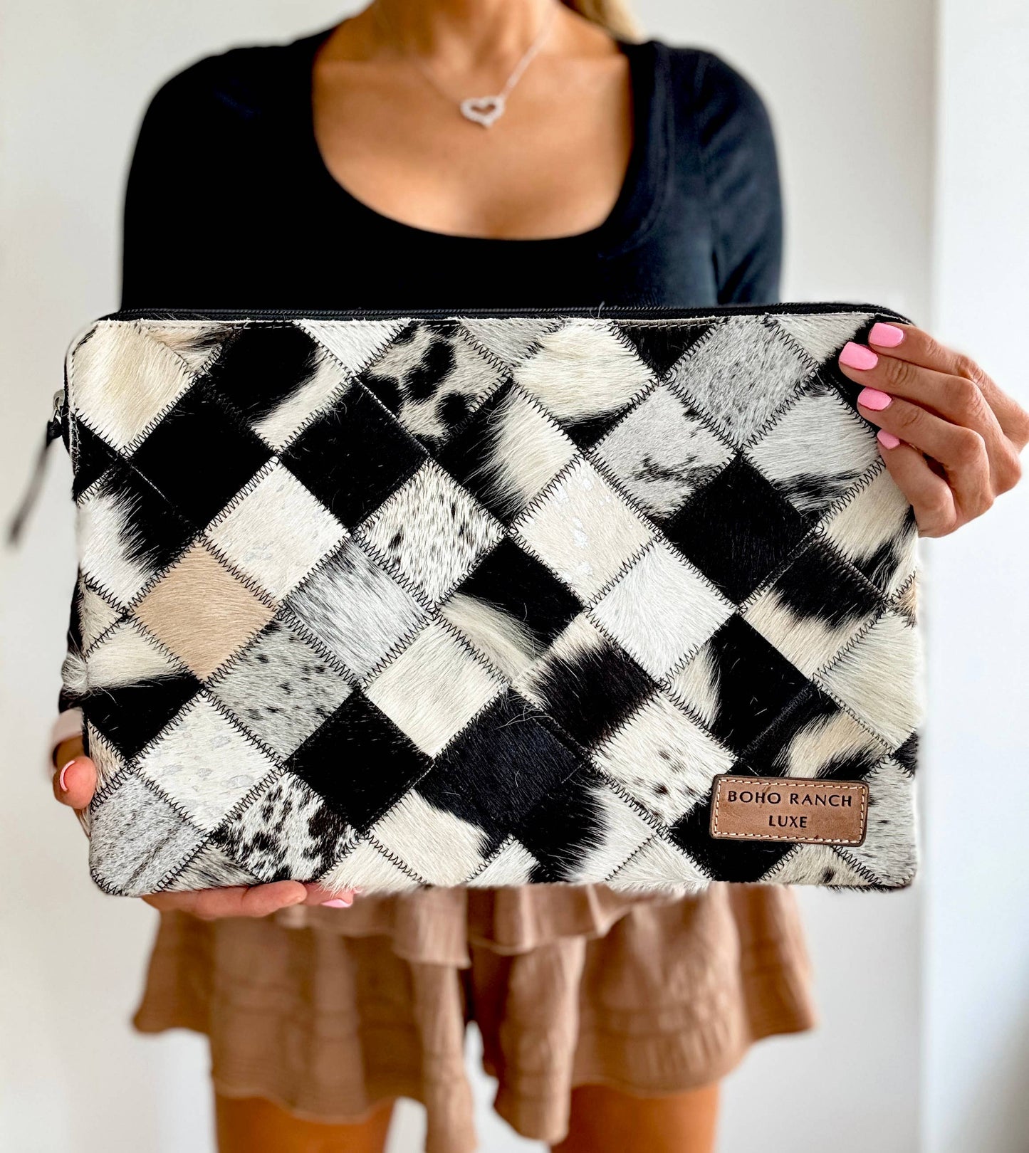 BOHO LUXE LAPTOP tech sleeve computer bag hairon cowhide: 15” BLACK + WHITE