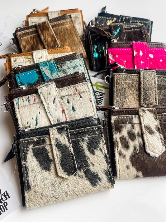Western Cowhide Leather Wristlet Wallet Money Coins: 8 - BALCK + WHITE FLAP
