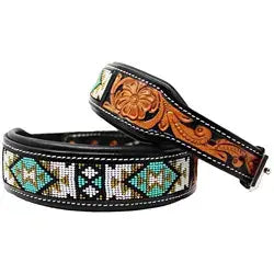 Western Tooled Leather Beaded Dog Collar Saddle Leather: Large