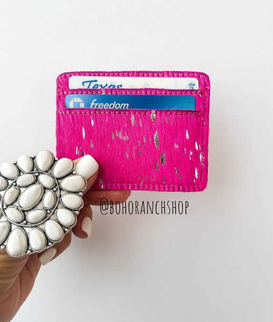 Western Cowhide Credit Card Holder - Money holder: 10 - PINK + SILVER SPECS