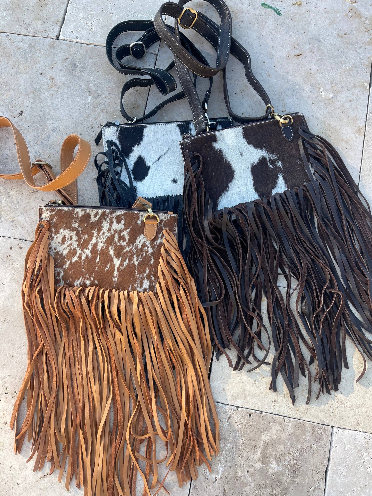 THE JESSE CROSSBODY cowhide fringe tassel purse bag: BROWN LEATHER