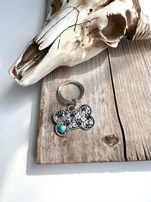 Paw Printed Dog Bone Metal Pendant Keychain : Turquoise