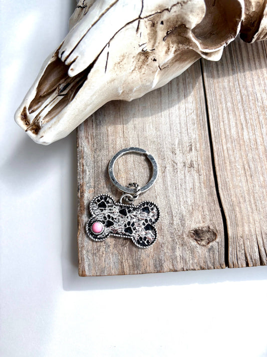 Paw Printed Dog Bone Metal Pendant Keychain : Pink
